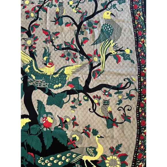STUNNING Designer ADQ Festive Scarf Birds Owls Trees Flowers Black Red Yellow - Picture 5 of 10